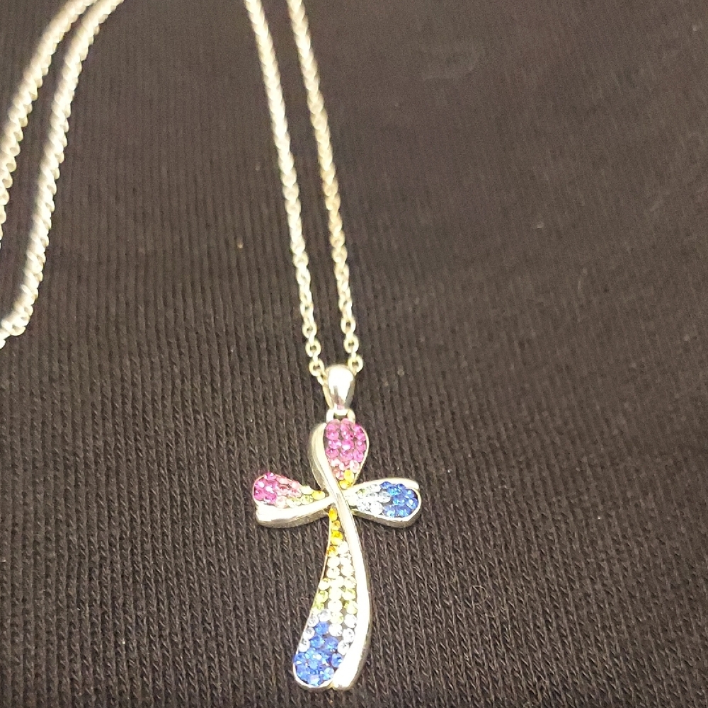 Sterling Silver Multicolor Cross CZ Pendant Necklace